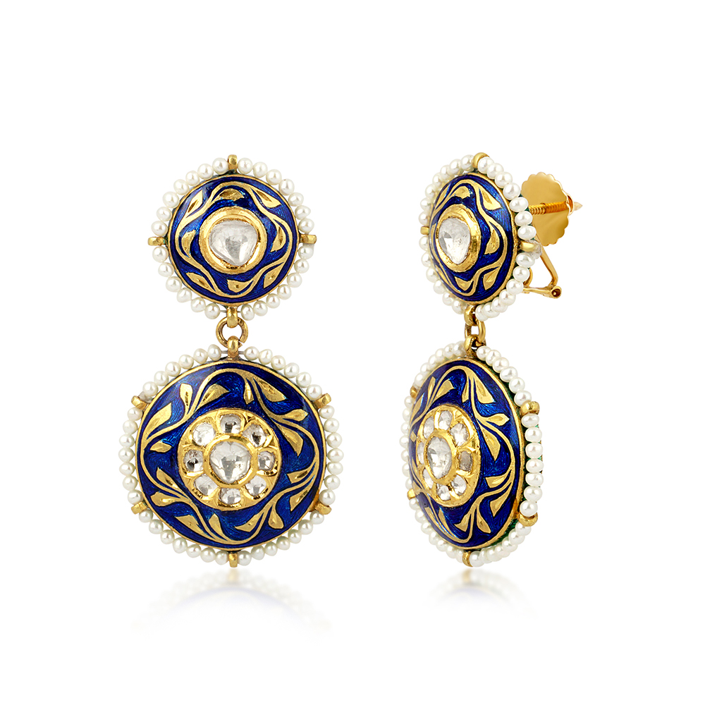 Indigo Enamel Earrings with Polki Diamonds and Pearl Border